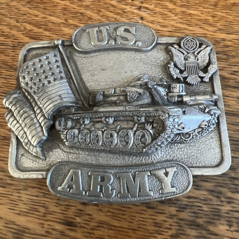 VTG U.S. Army Belt Buckle Tank Flag 1982 Bergamot Brass Works  #K132 Made in USA